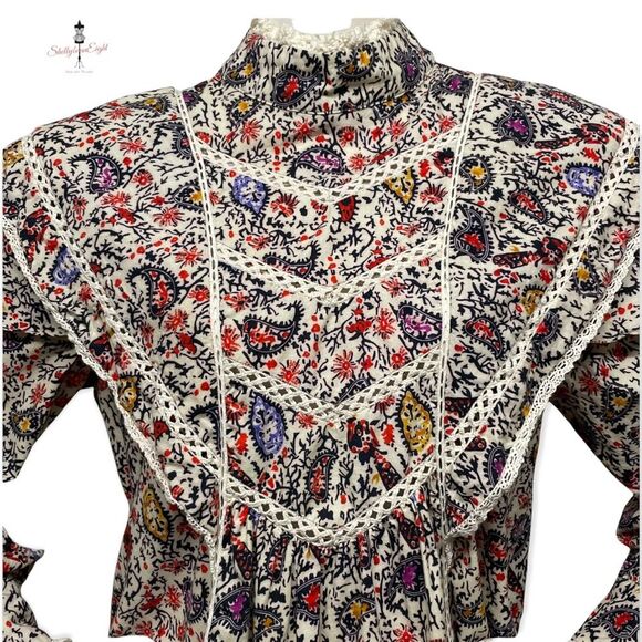 COTTAGECORE Prairie Vintage 70s Look Peacock Print Lace Trim Blouse Top M L - Picture 4 of 16